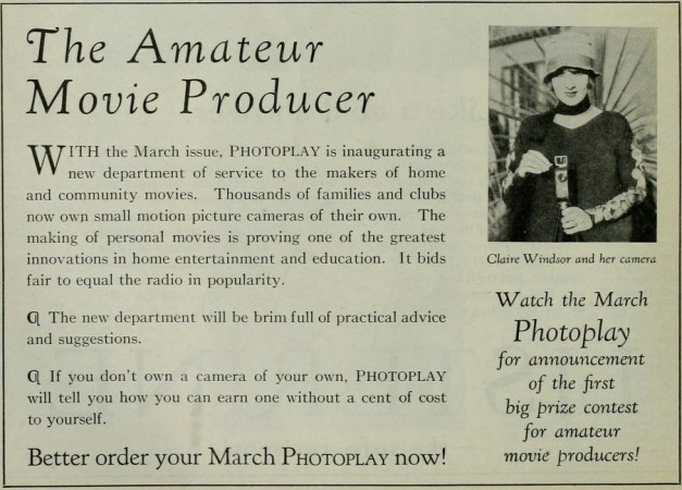 Ad for Photoplay's Amateur Movie Column, Photoplay, February 1927, 28.