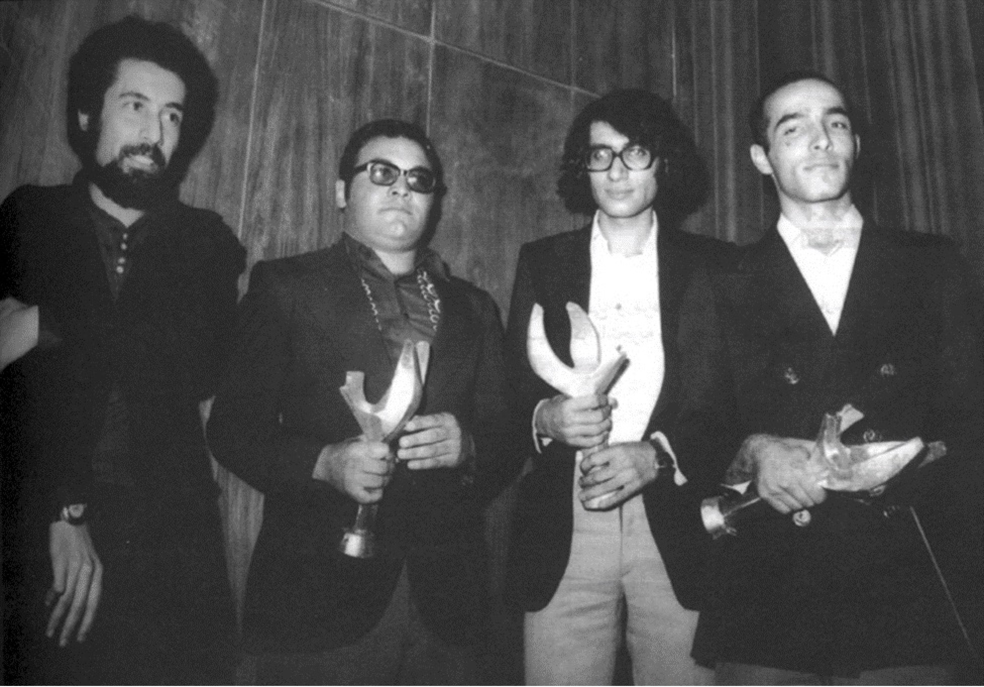 From left to right: Ibrahim Haghighi, Zavan Ghoukasian, Hassan Bani Hashemi, Kianoush Ayari winners of Free Cinema Film Festival in 1974.