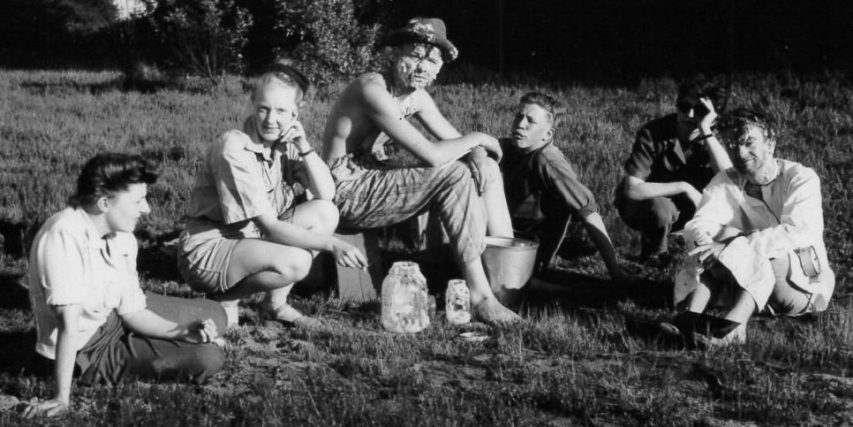 The cast and crew of the experimental film comedy Glub, on location at Sea Island, 1947. Left to right: Moira Armour, Dorothy Burritt, actor Tom Baird, Rolph Blakstad, Maureen Balfe, and director/actor Stanley Fox (far right). (Photo courtesy Stanley Fox)