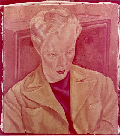 A photograph of Peter Bortkus’ 1947 portrait of Dorothy Burritt. Over time, the other dyes in this Anscocolor print have faded to emphasize the magenta. (BC Archives image J-00156)